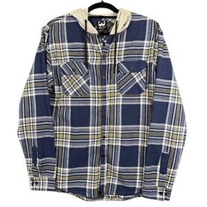 WXYZ Mfg Co Men's Hooded Flannel Blue White Gold Plaid Drawstring Size XL